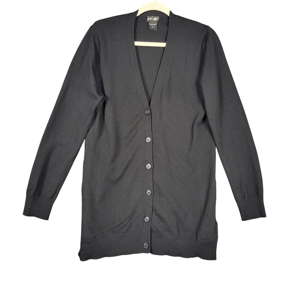 LORD & TAYLOR Black Merino Wool Button Front Cardigan Academia Cozy SIZE LARGE
